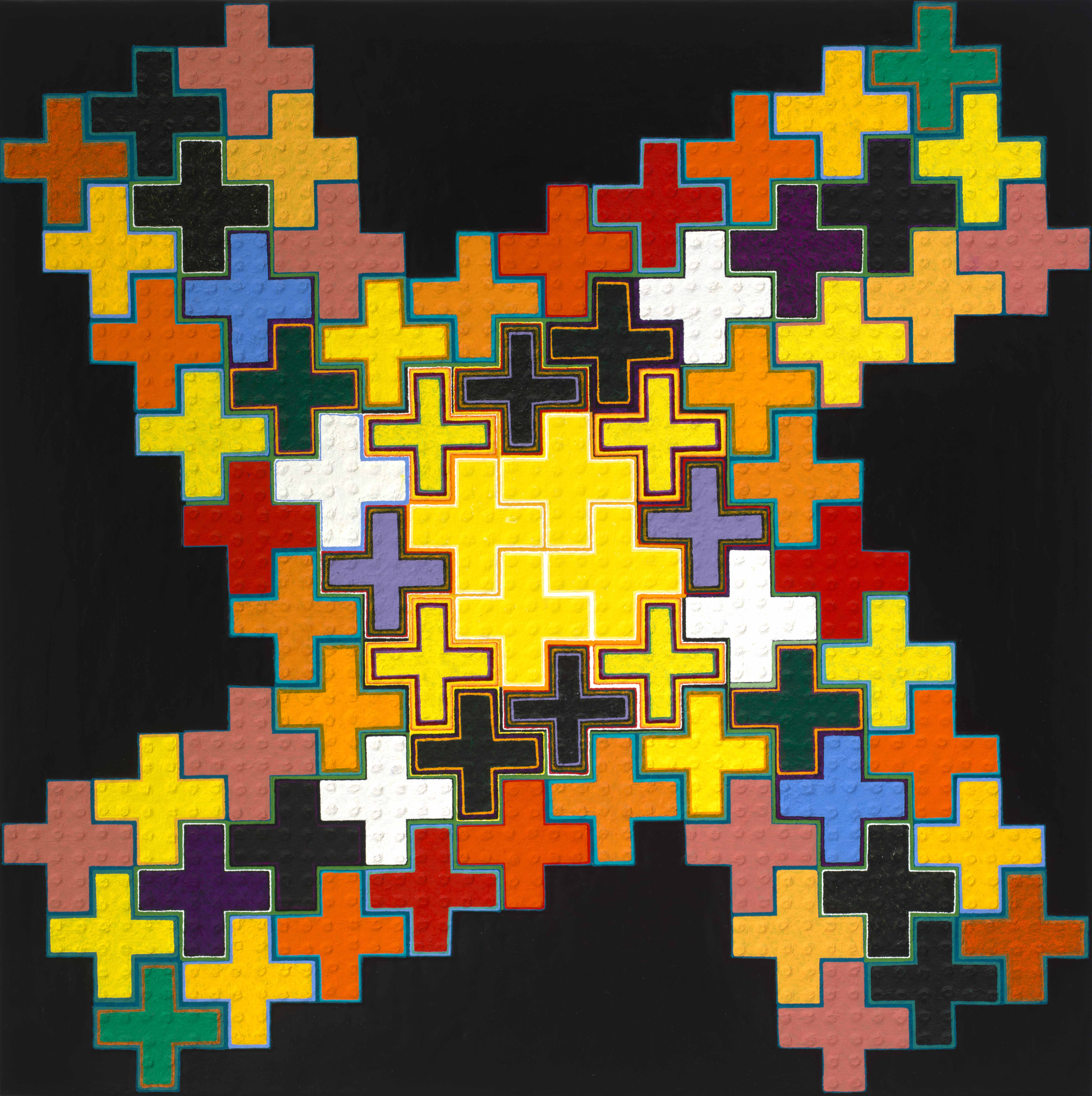 Little Bang Yellow, 1993-2024, oil on riveted aluminum, 24x24 inches