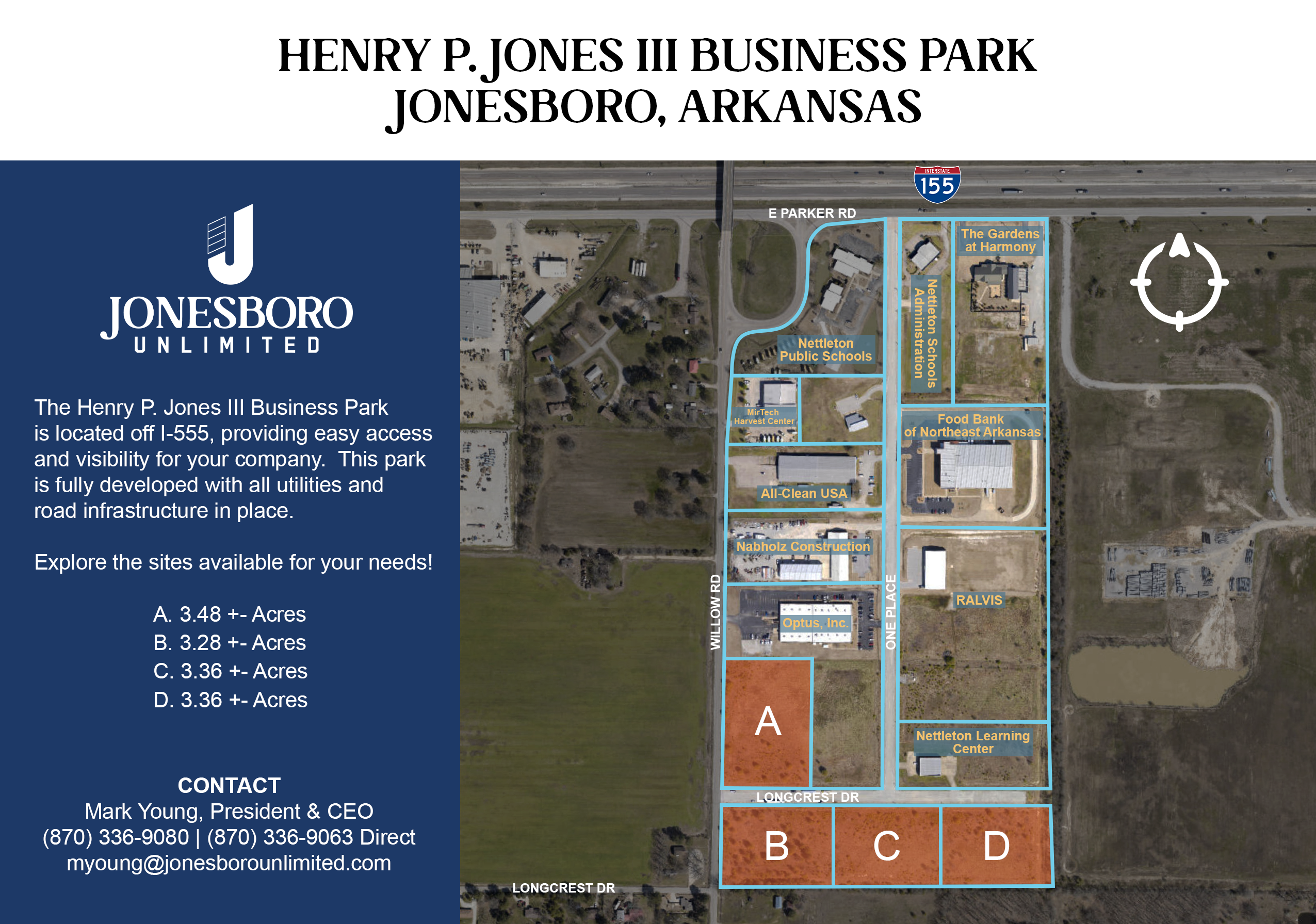 Aerial Map and graphic of Henry P. Jones III Business Park showing available sites for sale A through D shaded orange
