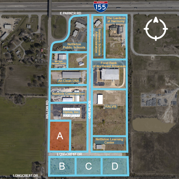 Map graphic of Henry P. Jones III Business Park in Jonesboro, Arkansas showing Site A shaded orange