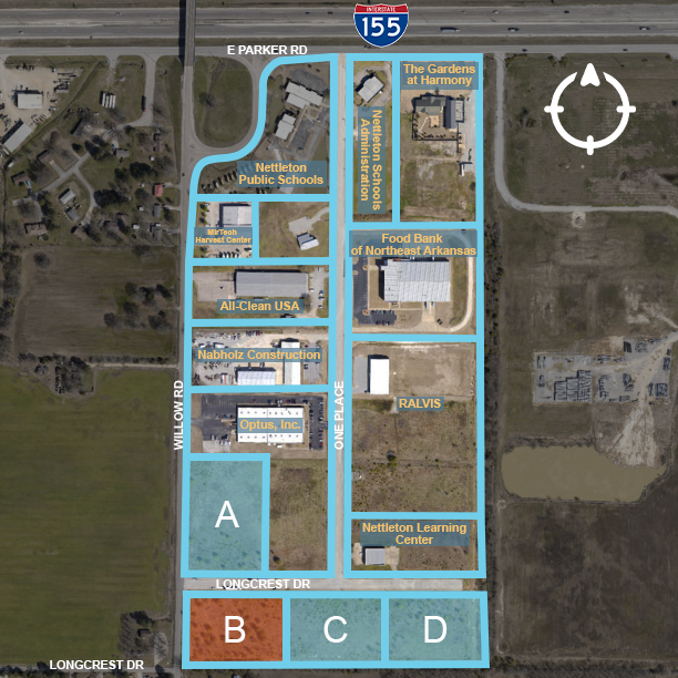Map graphic of Henry P. Jones III Business Park in Jonesboro, Arkansas showing Site B shaded orange in Southwest corner