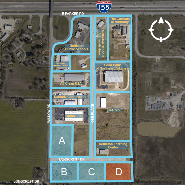 Map graphic of Henry P. Jones III Business Park in Jonesboro, Arkansas showing Site D shaded orange