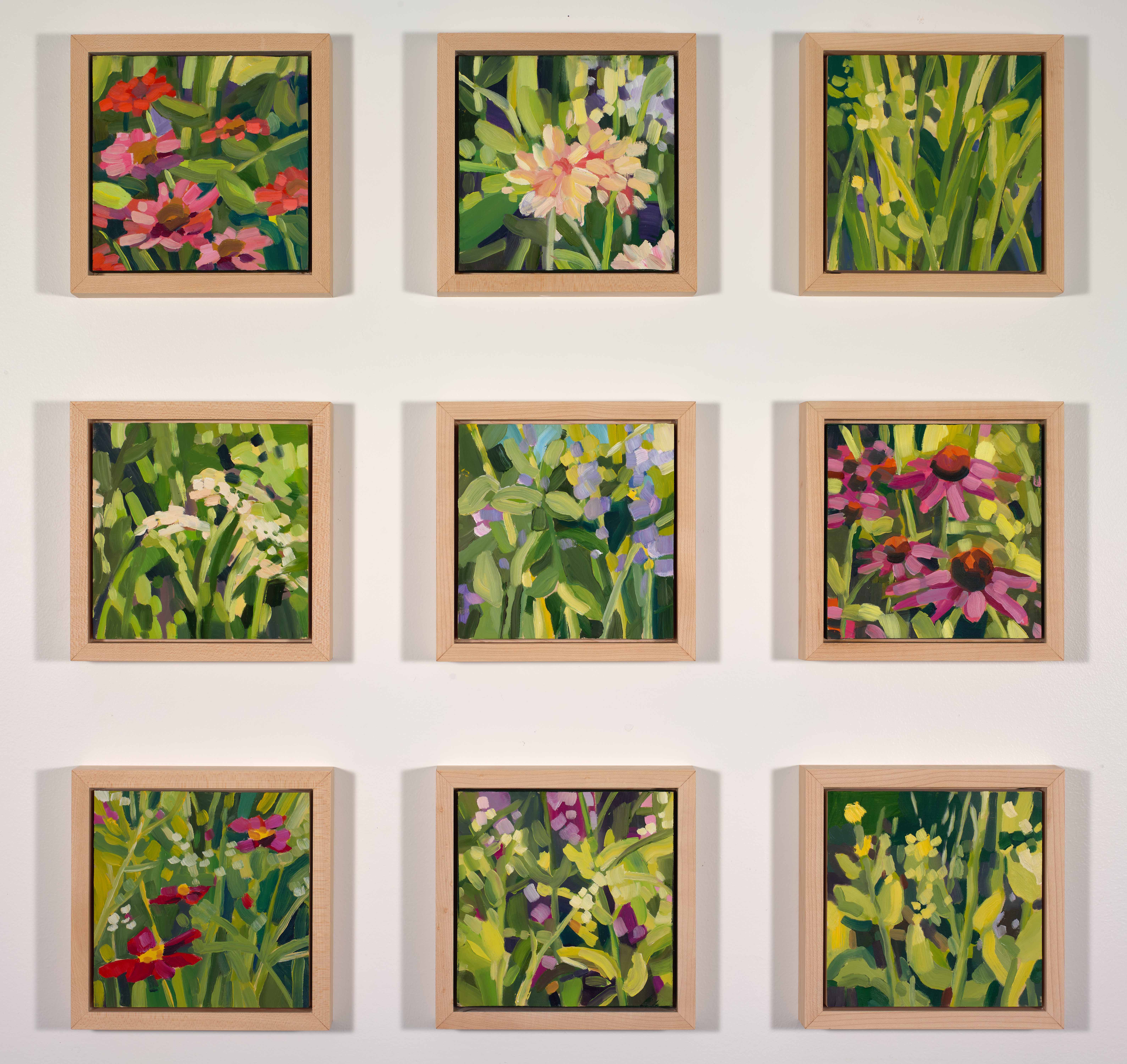 Meadow Studies 1-9, 2025, oil on panel, 6 x 6 inches (each)