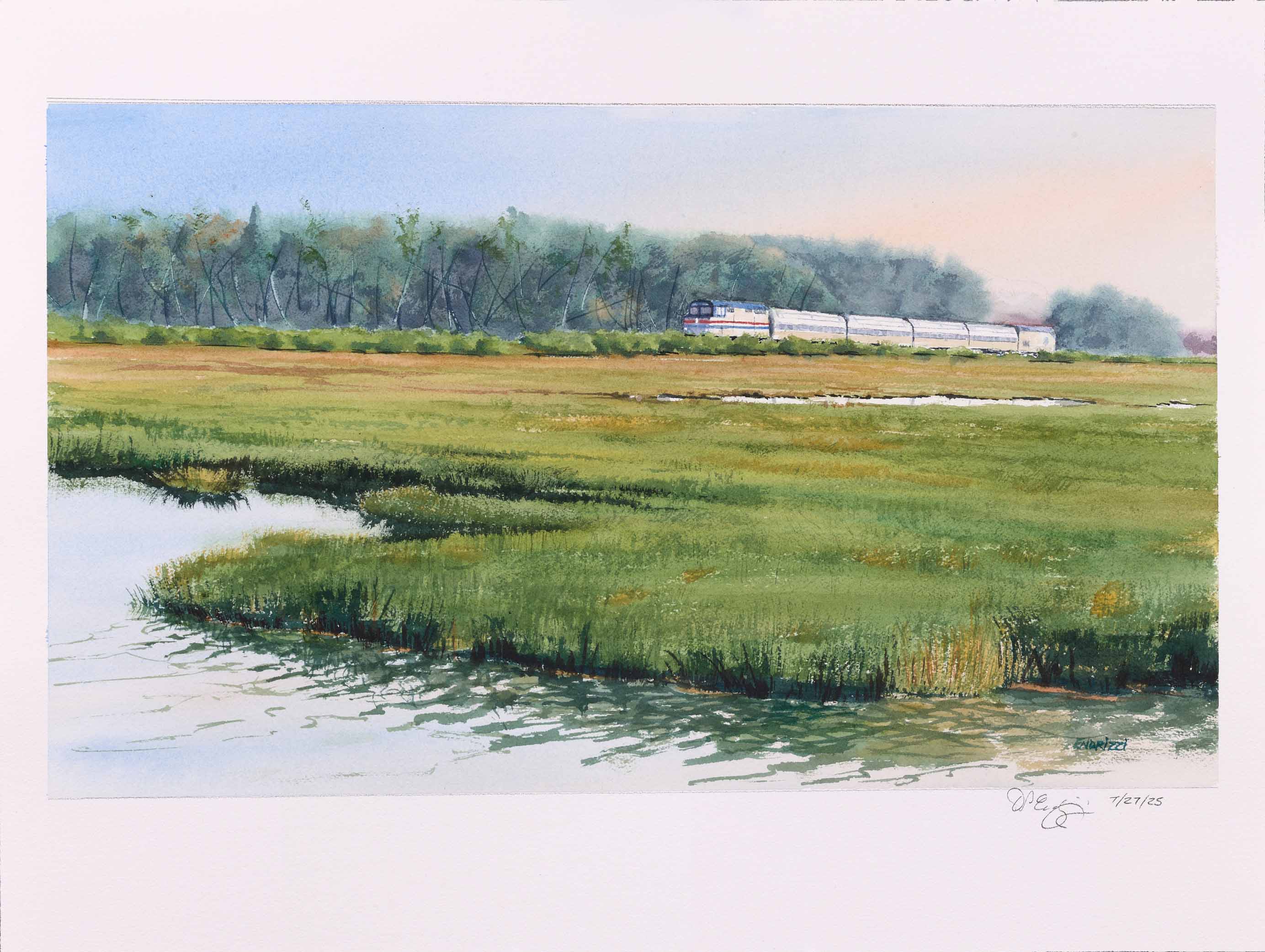 RIZZI, Amtrak Downeaster on Scarborough Marsh, 2025, watercolor on paper, 18 x 24 inches