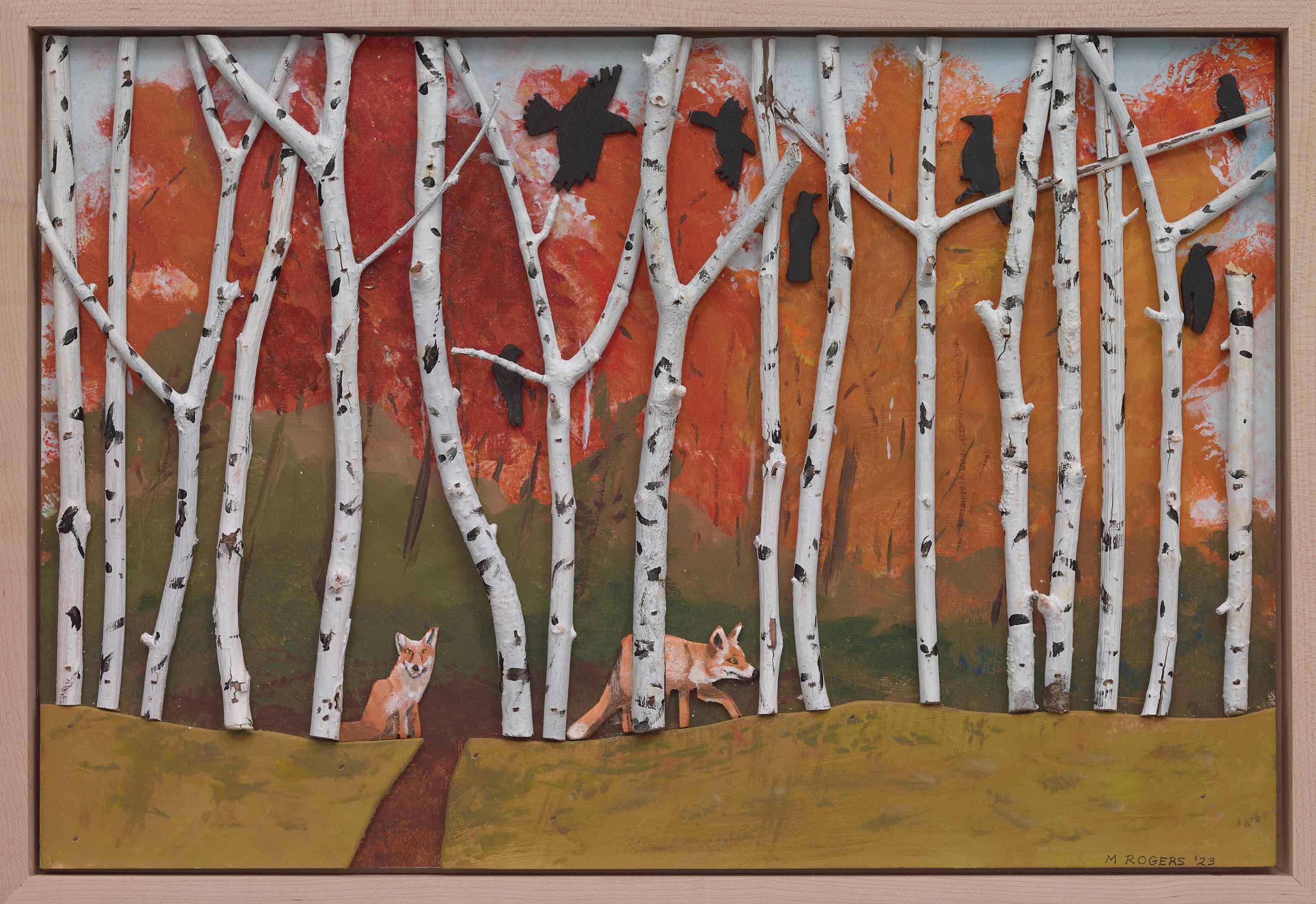 MAC ROGERS, Foxes Among Birch Trees, 2023, mixed media, 13.75 x 20 inches