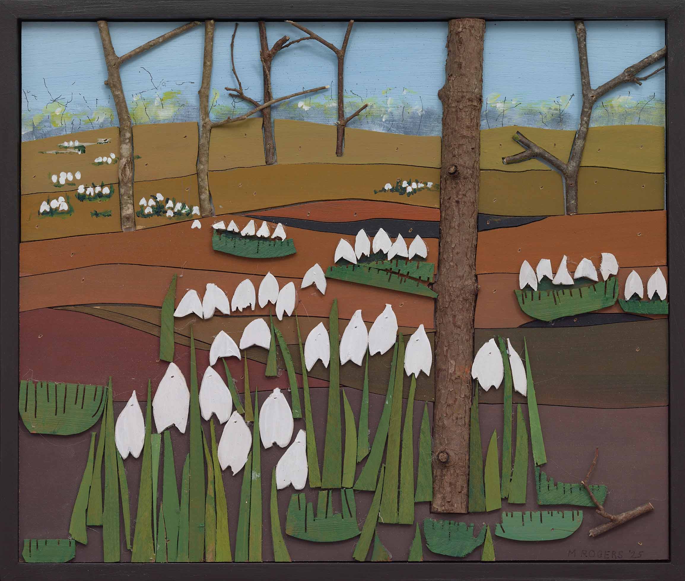Snow Drops, 2025, mixed media, 15.75 x 18.5 inches