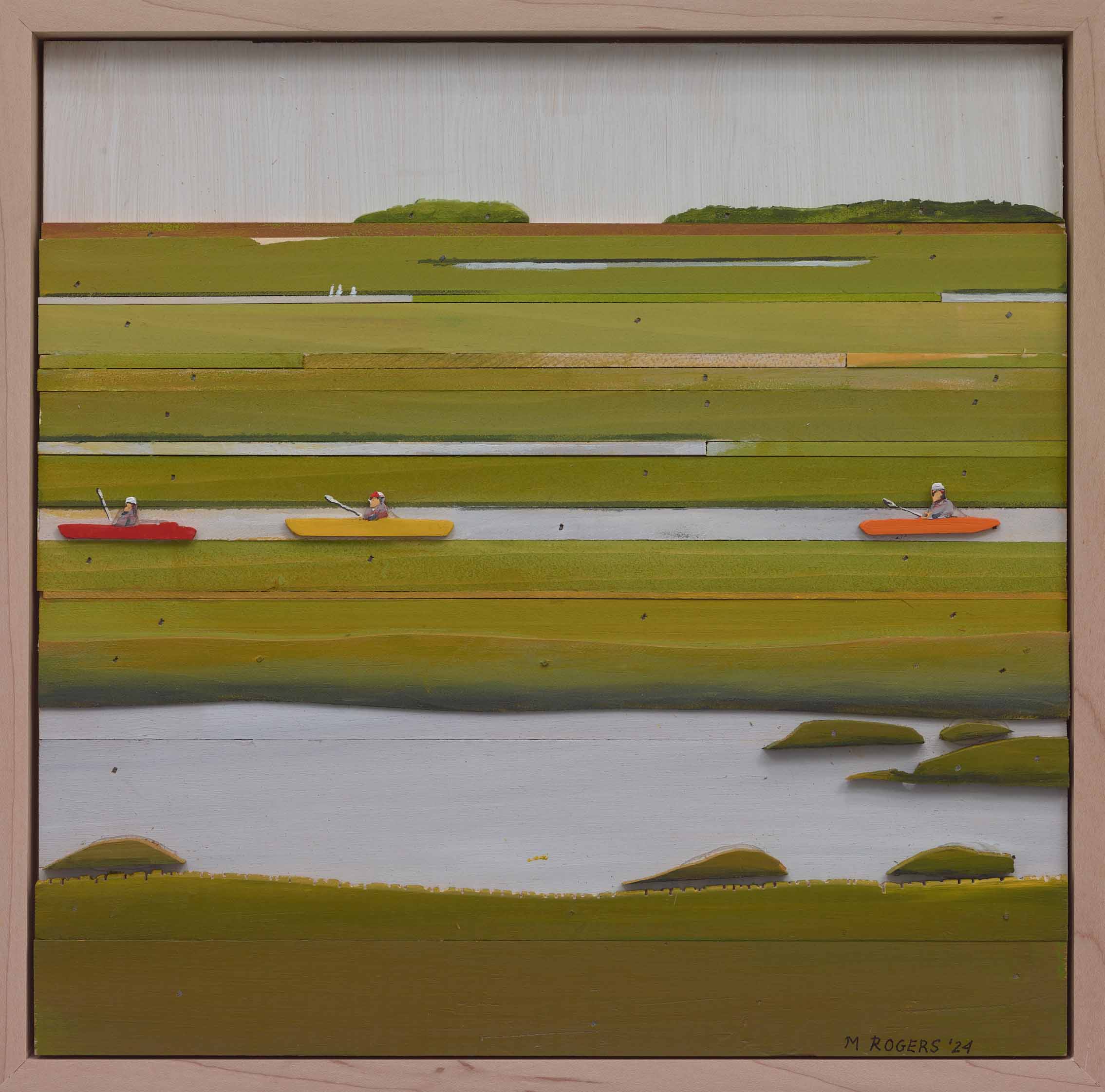 Marsh Kayakers, 2024, mixed media, 14.5 x 14.5 inches
