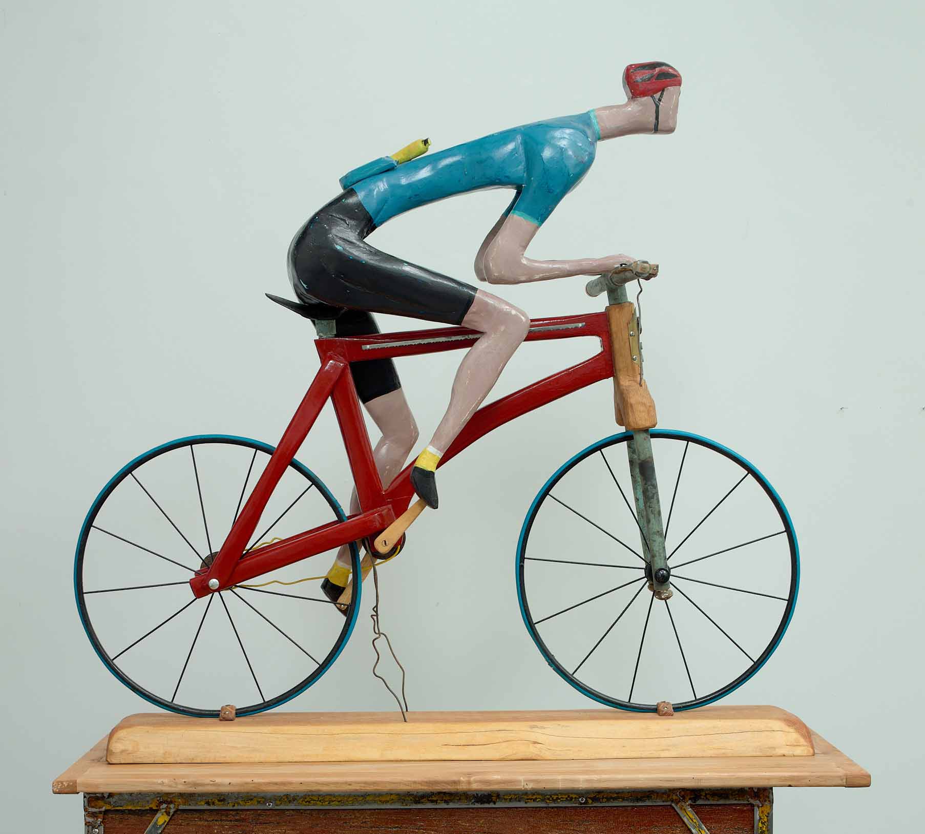 JOHN ATTWOOD, Banana Man, 2024, mixed metal, pine, acrylic paint and electrical cord, 37.5 x 40 x 16 inches