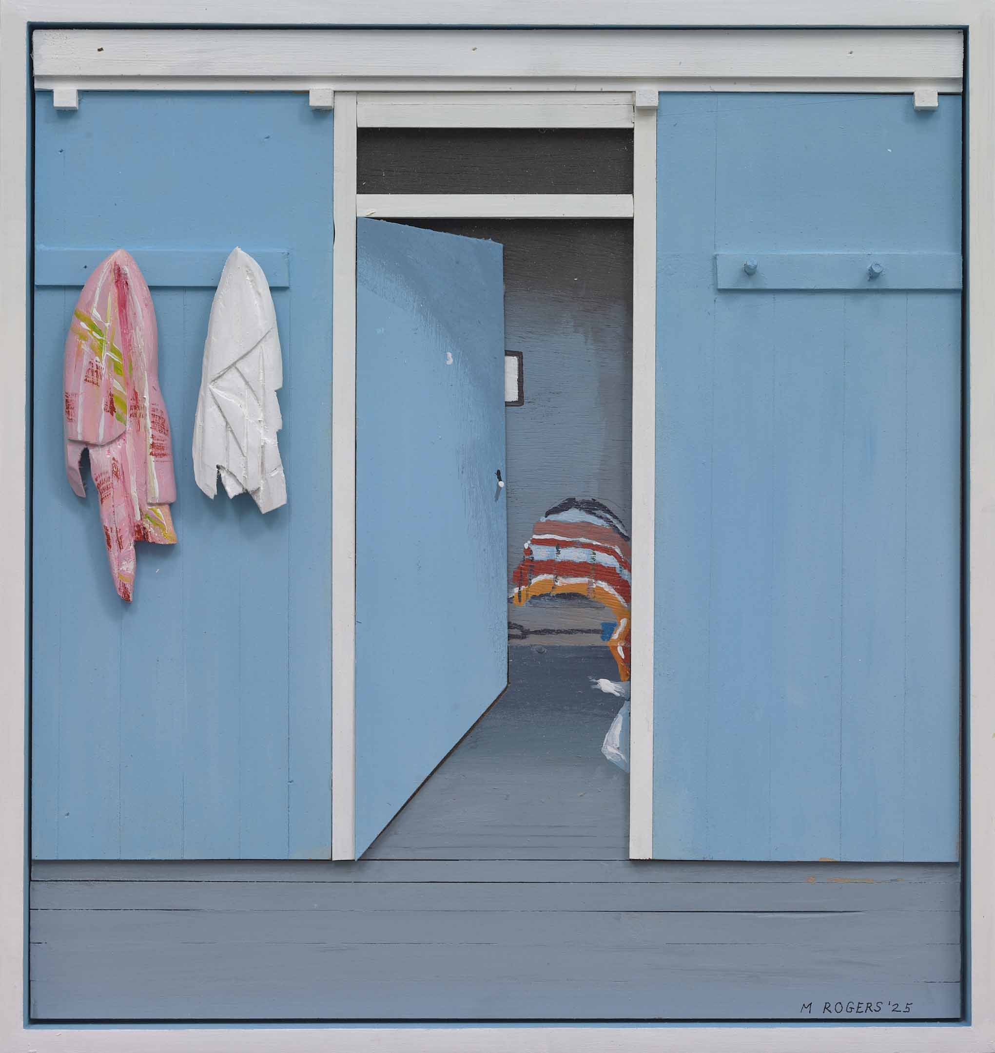 MAC ROGERS, Beach Locker, 2025, mixed media, 17.5 x 16.5 inches