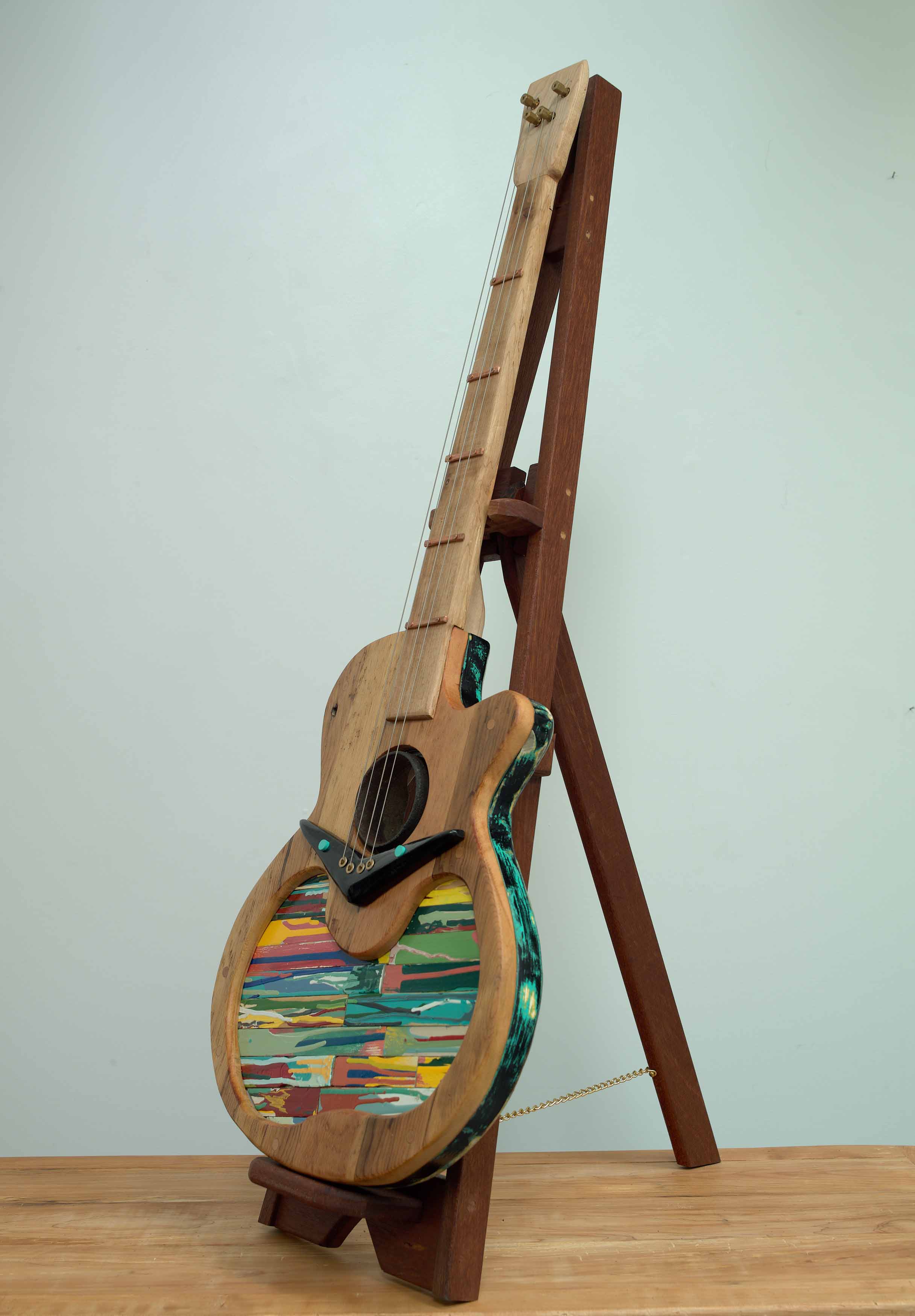 JOHN ATTWOOD, Air Guitar, 2025, mixed wood, mixed metal, oil paint and paint sticks, 44.75 x 16 x 22 inches