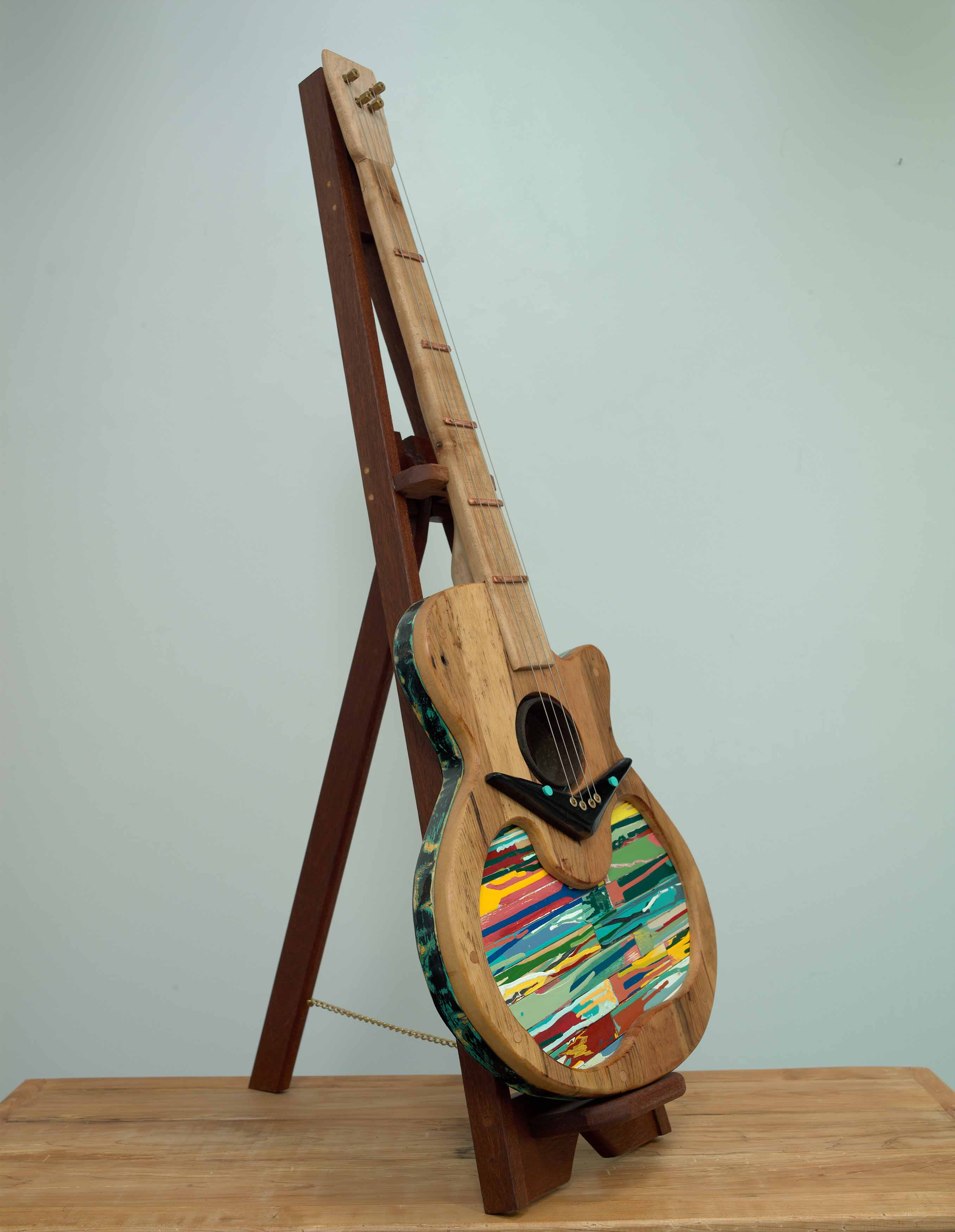 JOHN ATTWOOD, Air Guitar, 2025, mixed wood, mixed metal, oil paint and paint sticks, 44.75 x 16 x 22 inches