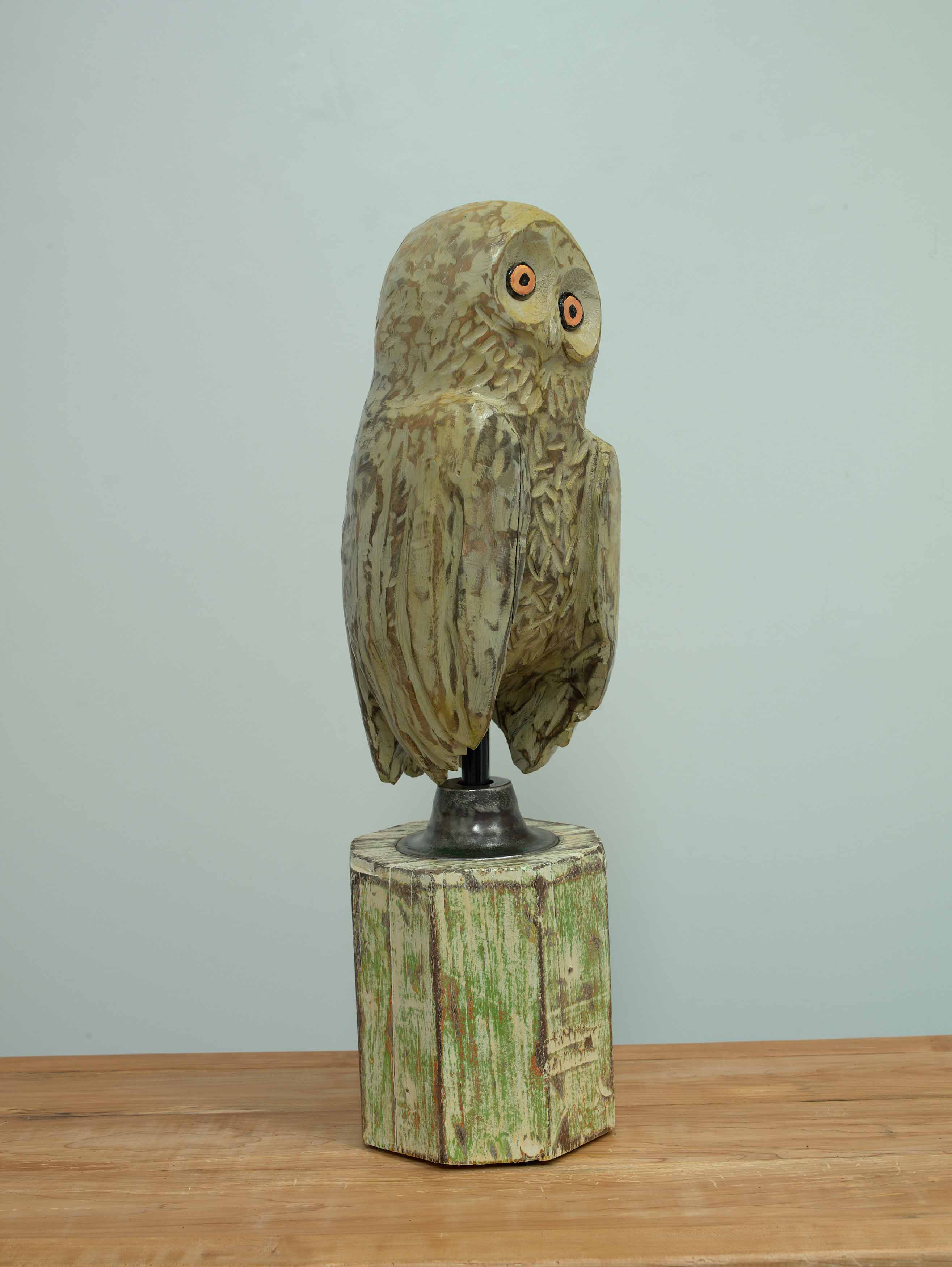 JOHN ATTWOOD, Larry, 2025, hemlock, metal, oil paint and architectural column, 28.25 x 8 x 9 inches