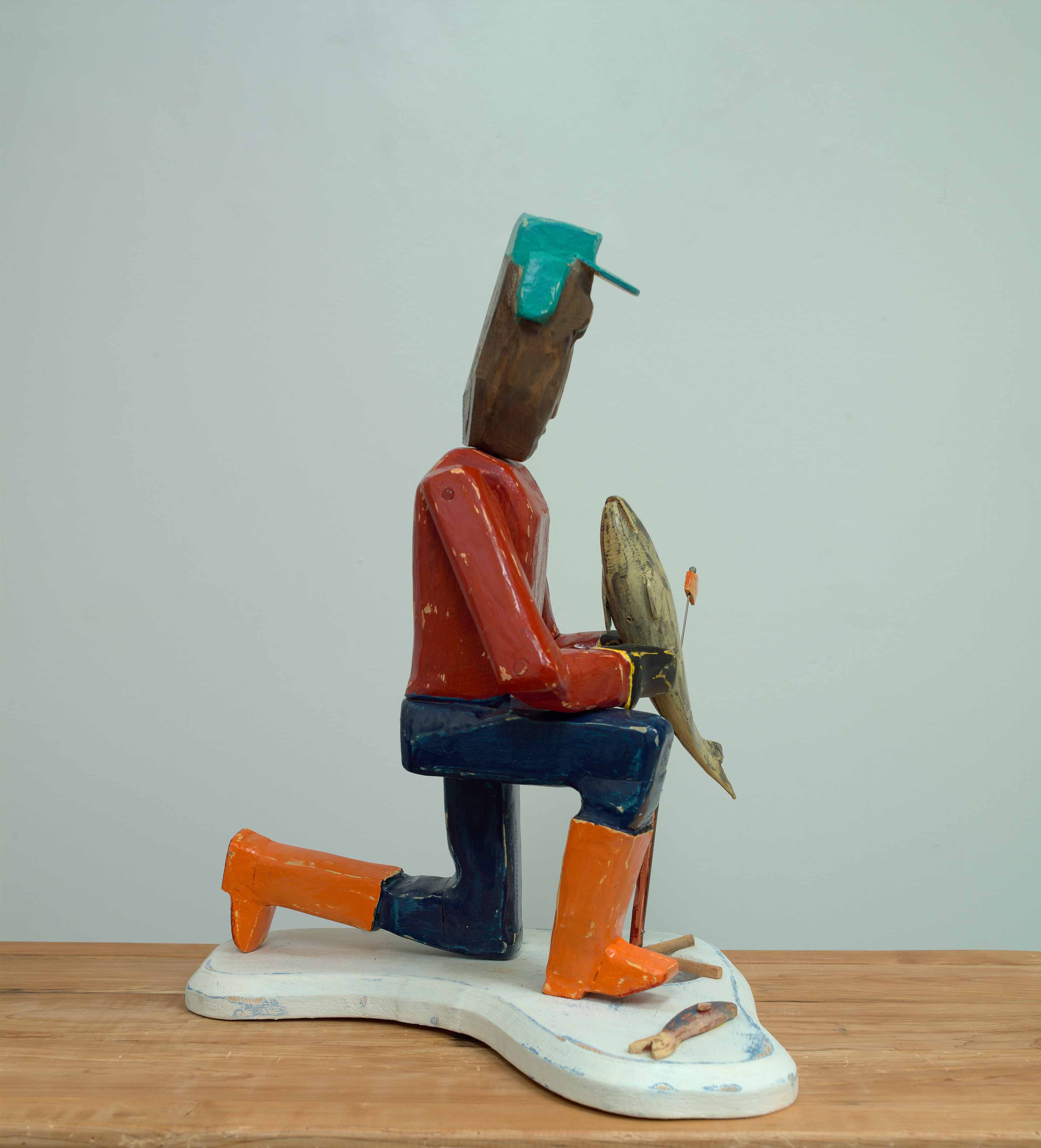 JOHN ATTWOOD, Lucky Catch, 2022, pine and oil paint, 24 x 21 x 18 inches
