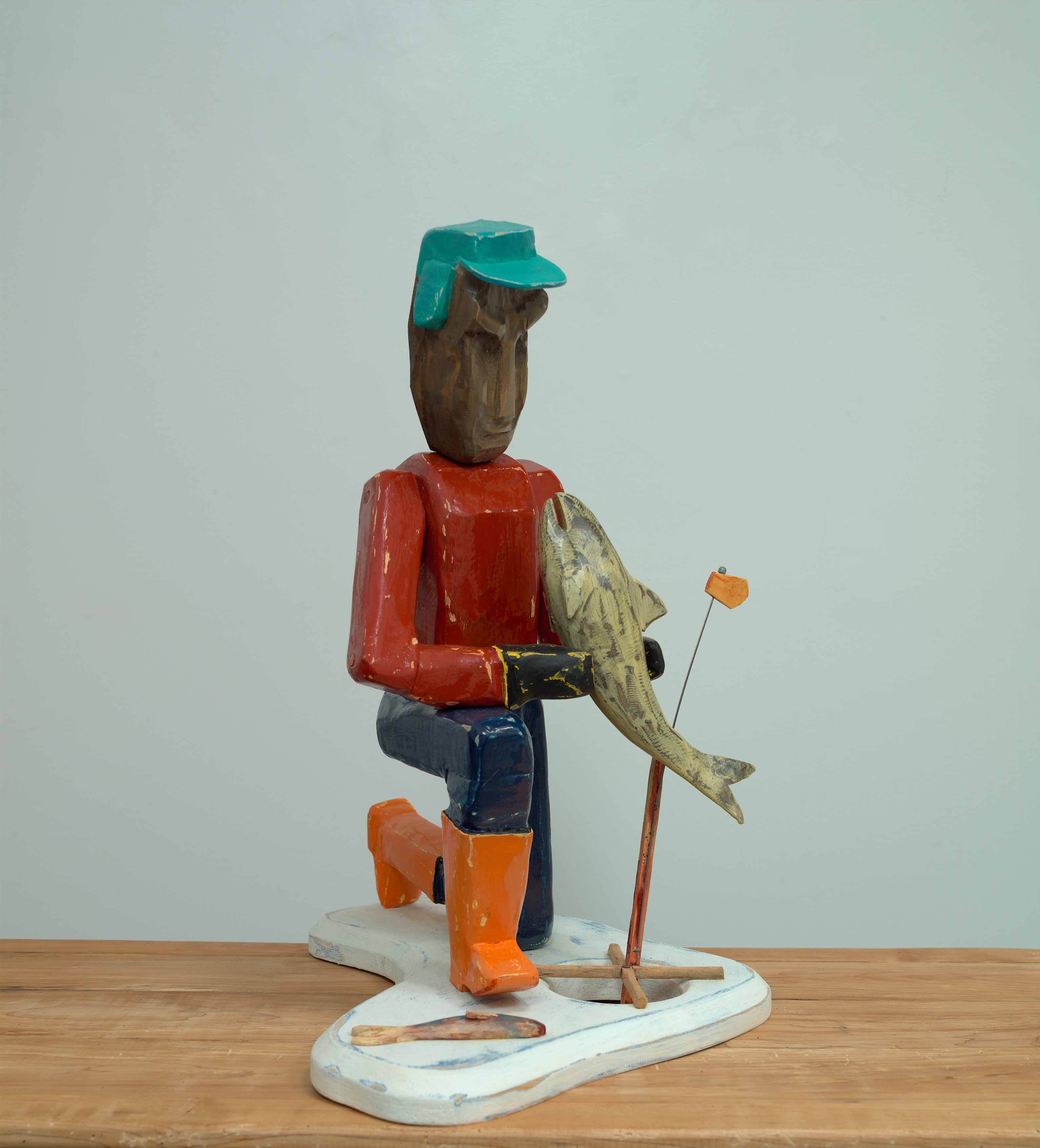 JOHN ATTWOOD, Lucky Catch, 2022, pine and oil paint, 24 x 21 x 18 inches