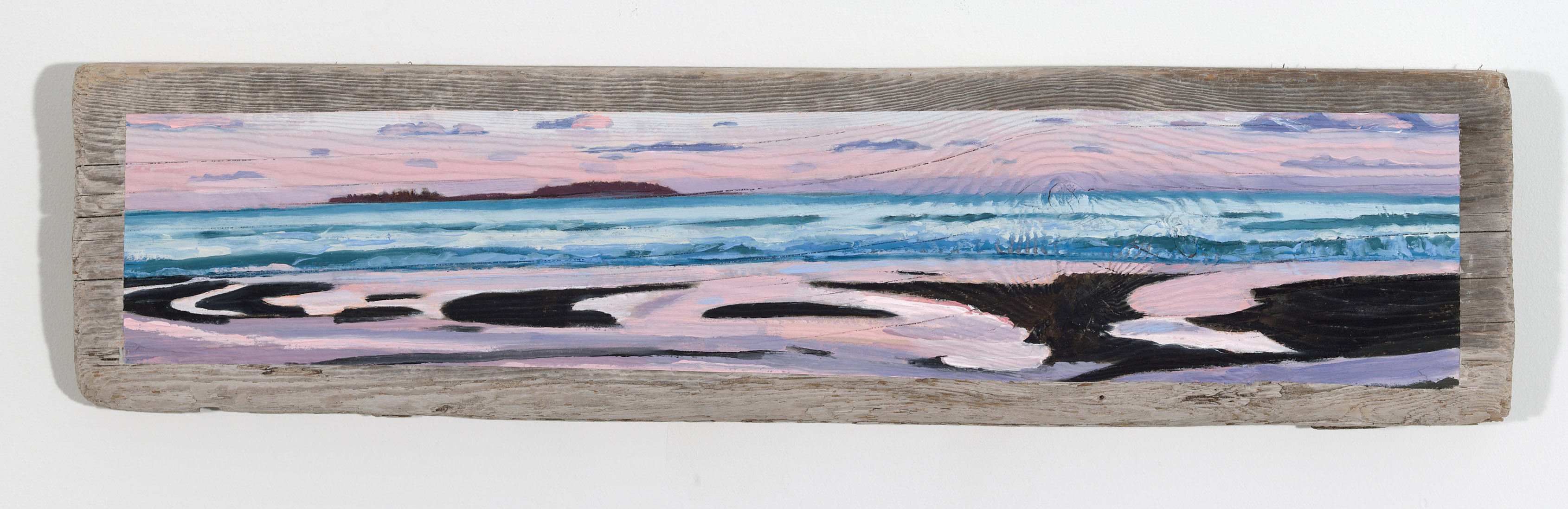 Winter Reward, 2026, oil on driftwood, 7.5 x 29.75 x 1.75 inches
