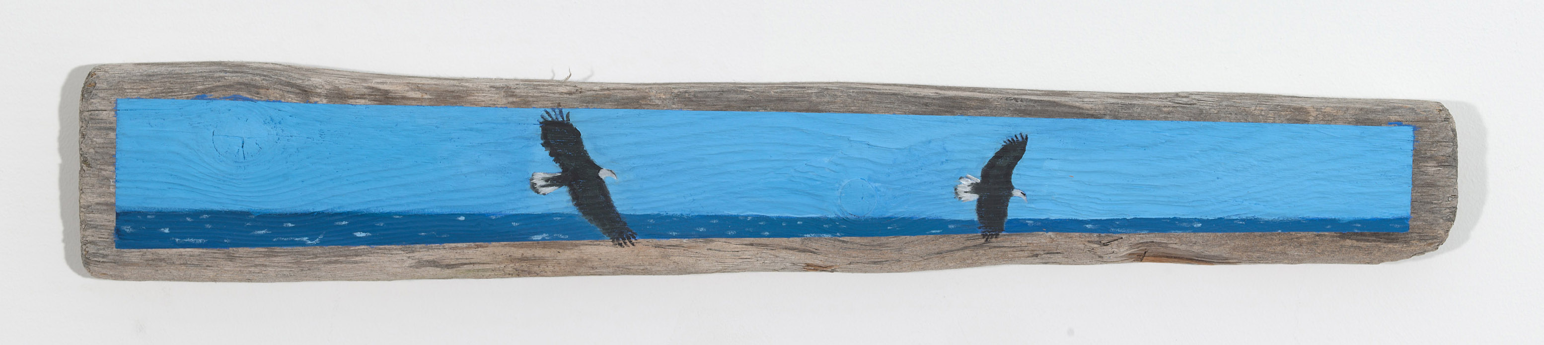 Fly By, 2026, oil on driftwood, 4.25 x 27 x 1 inches