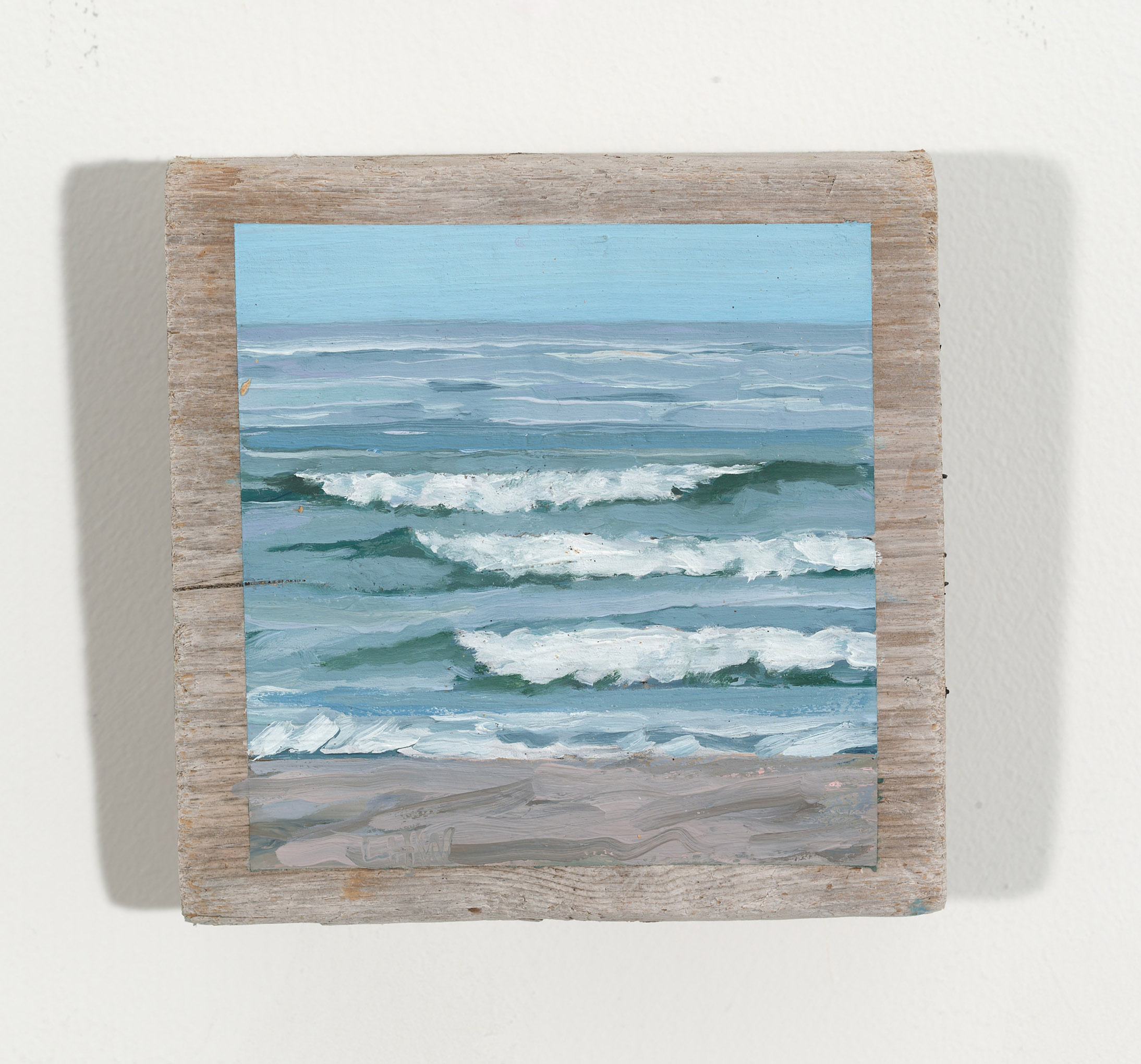 Three Waves, 2025, oil on driftwood, 5.5 x 5.5 x 1.5 inches
