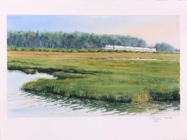 Amtrak Downeaster on Scarborough Marsh, 2025, watercolor on paper, 12 x 22 inches