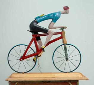 JOHN ATTWOOD, Banana Man, 2024, mixed metal, pine, acrylic paint and electrical cord, 37.5 x 40 x 16 inches