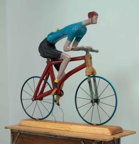 Banana Man, 2024, mixed metal, pine, acrylic paint and electrical cord, 37.5 x 40 x 16 inches