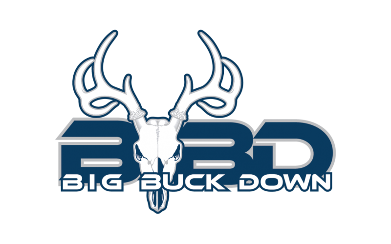 logo with big letters 'BBD' in blue and the name 'big buck down' in smaller letters with a deer skull in the background 