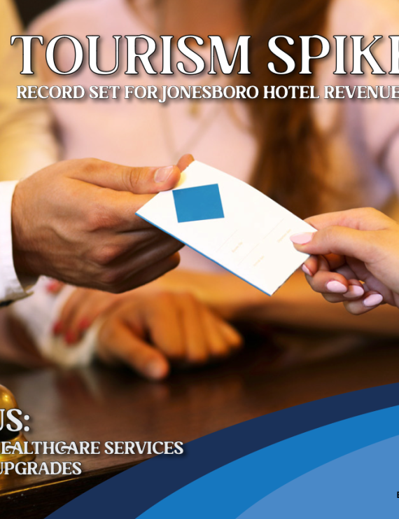 Cover of the Jonesboro Unlimited Economic Advancement Report for 4th Quarter 2023 showing people's hands exchanging hotel key  