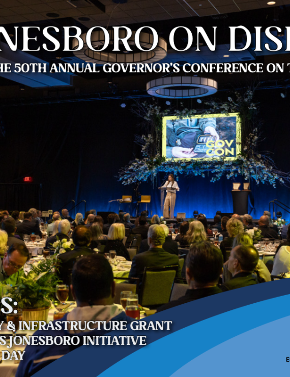 Cover of the Jonesboro Unlimited Economic Advancement Report for 1st Quarter 2024 showing attendees at Governor's Conference on Tourism listening to Governor Sarah Huckabee Sanders speak